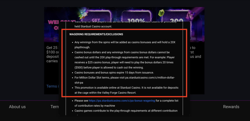 Stardust Casino bonus wagering requirements outlining 20x playthrough, 15-day bonus expiry, cashout conditions, eligible games, and online-only promotion terms