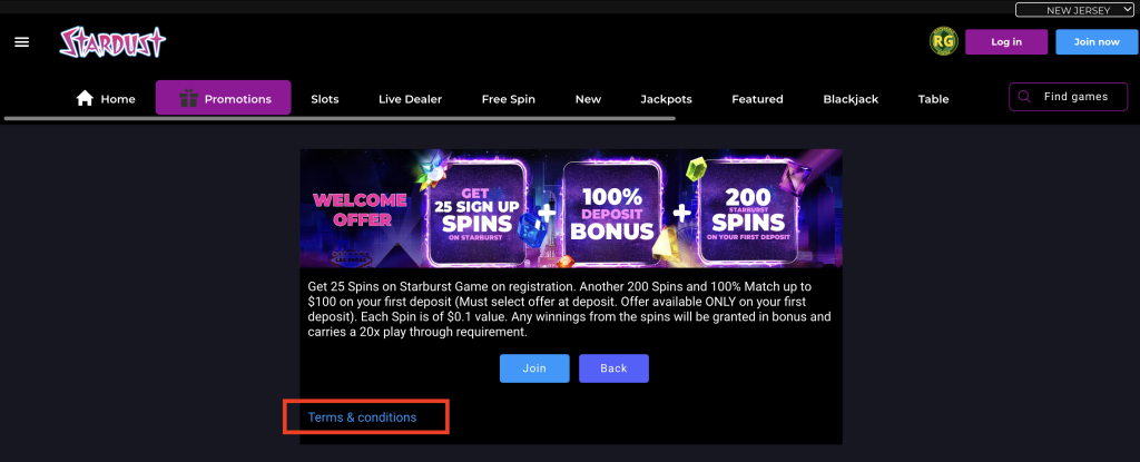 Stardust Casino welcome bonus offer featuring 25 sign-up spins, 100% deposit match bonus, and 200 free spins with 20x playthrough requirement, including terms and conditions link.