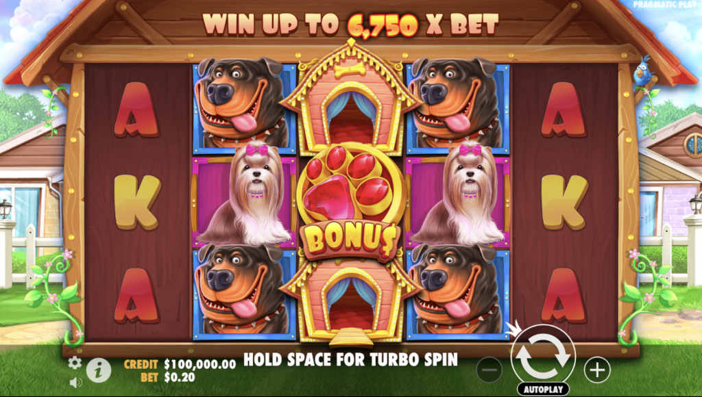 The Dog House online slot game by Pragmatic Play featuring animated Rottweilers, Shih Tzus, doghouses, and a big red paw bonus symbol with a potential win of up to 6,750x bet on a colorful, pet-themed reel setup