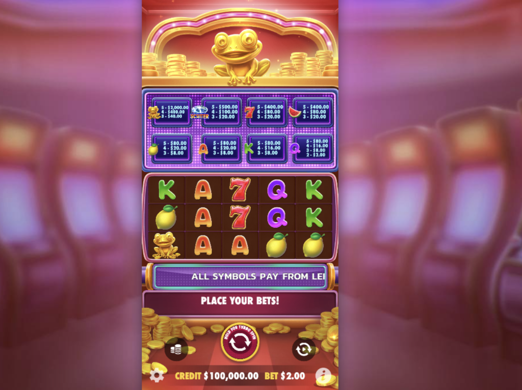 Wealthy Frog online slot machine with golden frog symbols, fruit icons, paytable, and vibrant casino background