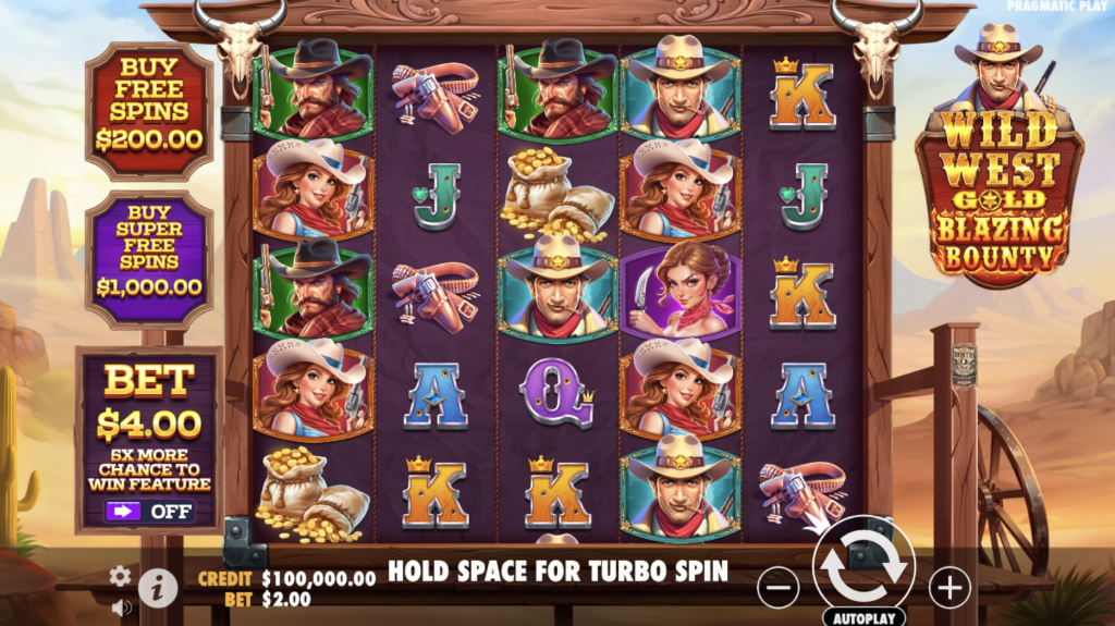 Wild West Gold Blazing Bounty online slot game by Pragmatic Play featuring cowboy and cowgirl symbols, bonus spin options, and Western-themed graphics with a $4.00 bet display.
