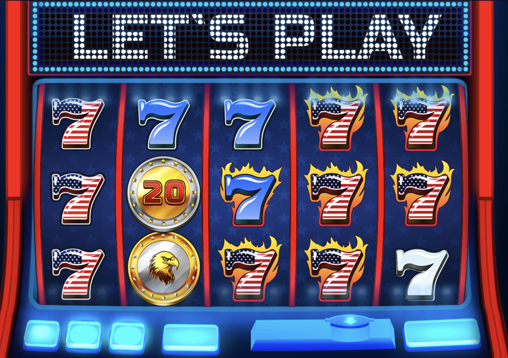 American Sevens slot machine game with patriotic symbols including flaming 7s, U.S. flag designs, golden eagle coins, and LED 'LET'S PLAY' display.