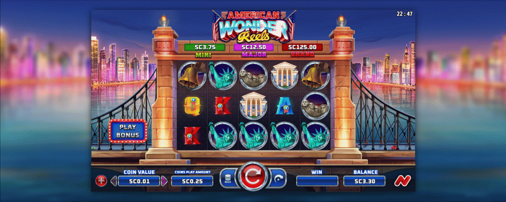 American Wonder Reels slot game featuring iconic U.S. landmarks like the Statue of Liberty and Mount Rushmore, with mini, major, and grand jackpot tiers, and a bonus play button against a vibrant cityscape background.