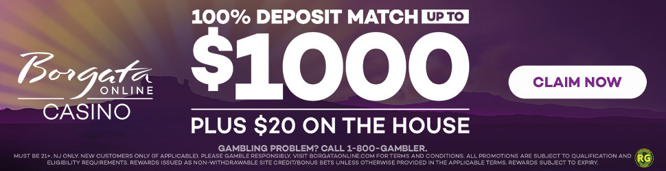 Borgata Online Casino welcome bonus promotion featuring 100% deposit match up to $1,000 plus $20 free on the house with Claim Now button – ideal for new players in New Jersey.