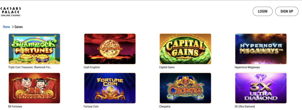 Caesars Palace Online Casino games lobby showcasing popular slot titles including Shamrock Fortunes, Cash Eruption, Capital Gains, Hypernova Megaways, 88 Fortunes, Fortune Coin, Cleopatra, and 3X Ultra Diamond.