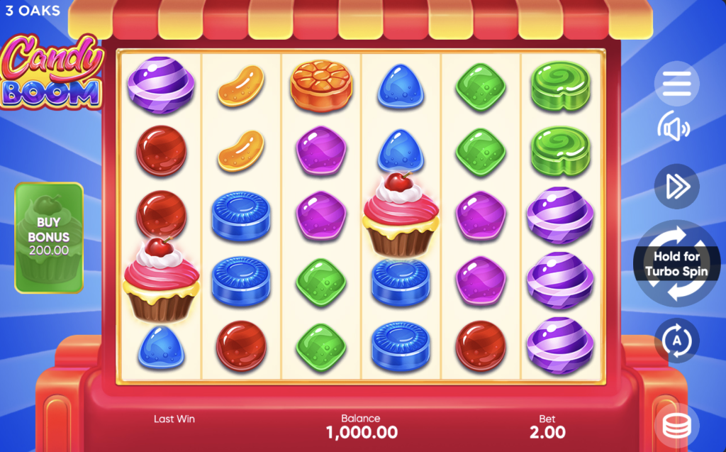 Candy Boom slot game by 3 Oaks featuring vibrant candy symbols, cupcakes, bonus buy option, and playful candy shop theme with turbo spin functionality