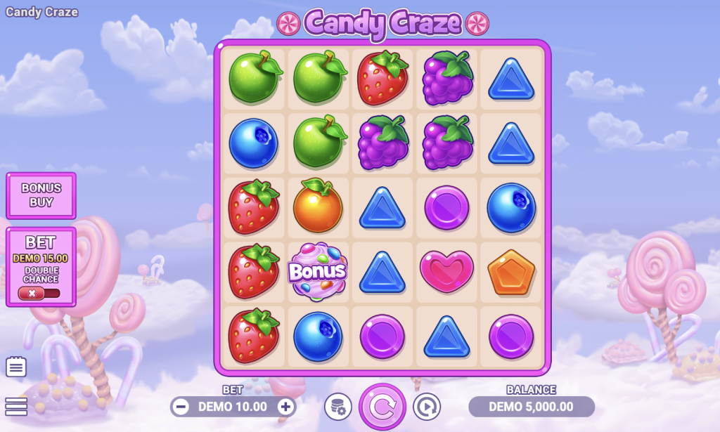Candy Craze online slot game featuring colorful fruit and candy symbols, bonus buy option, and pastel candyland background for a sweet-themed gameplay experience