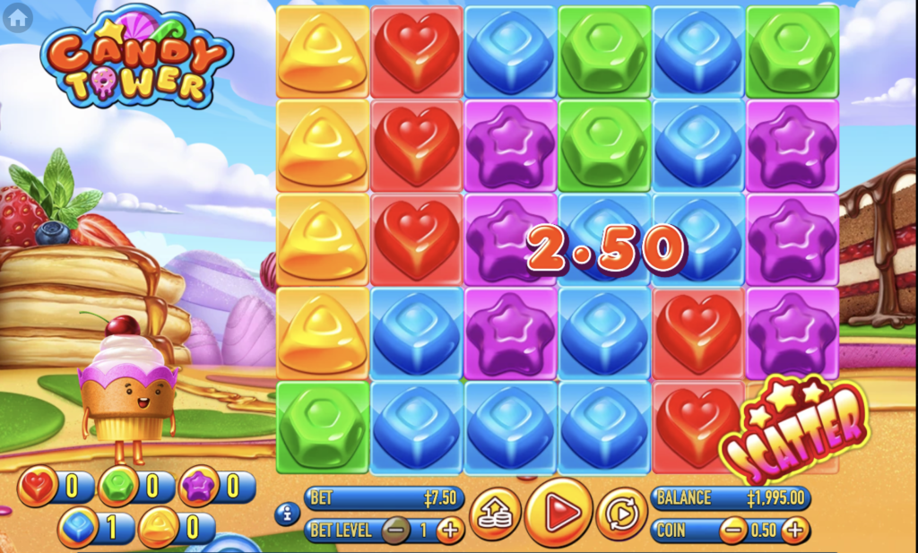Candy Tower slot game with colorful candy blocks, scatter symbols, bonus features, and a whimsical dessert-themed background in a vibrant cartoon style