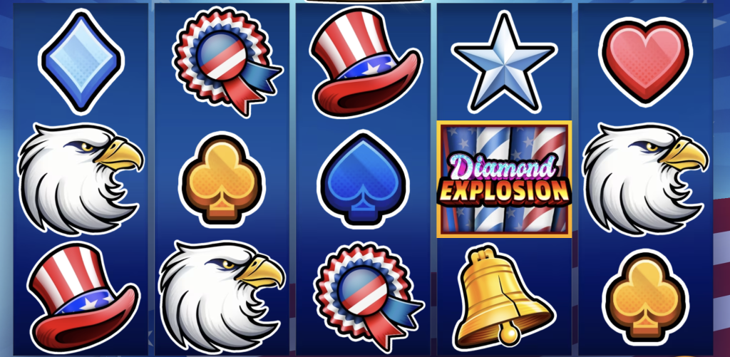 Diamond Explosion Patriots slot game with patriotic symbols including bald eagles, Uncle Sam hats, stars, hearts, ribbons, and bonus feature trigger.