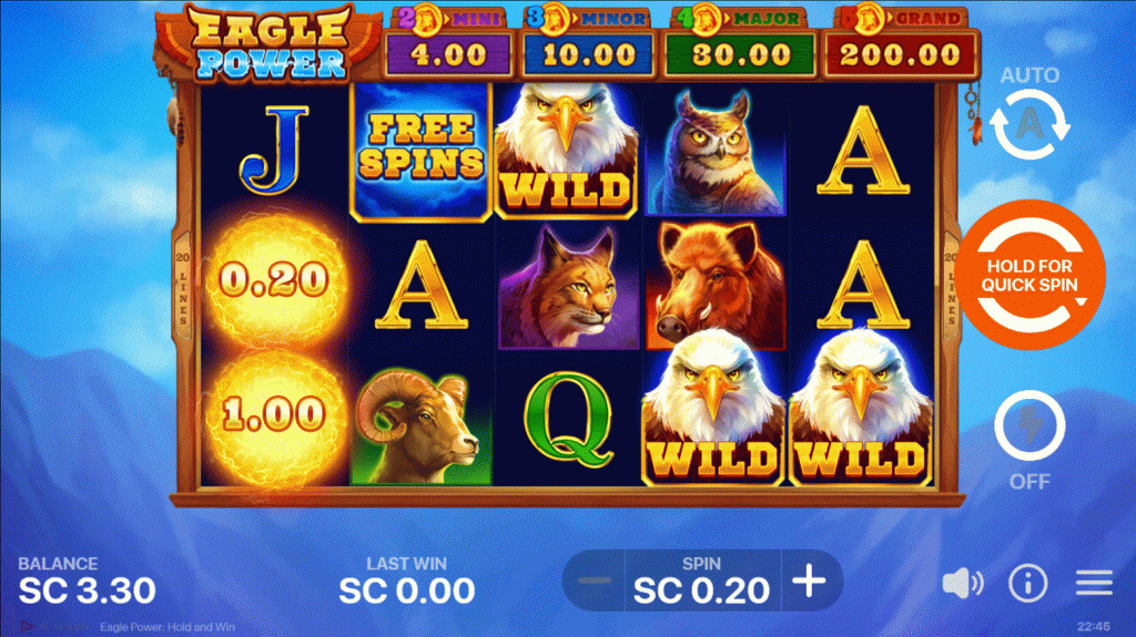 Eagle Power: Hold and Win slot game interface featuring majestic wildlife symbols, free spins, wild eagles, and progressive jackpots including mini, minor, major, and grand prizes with a vibrant mountain backdrop.