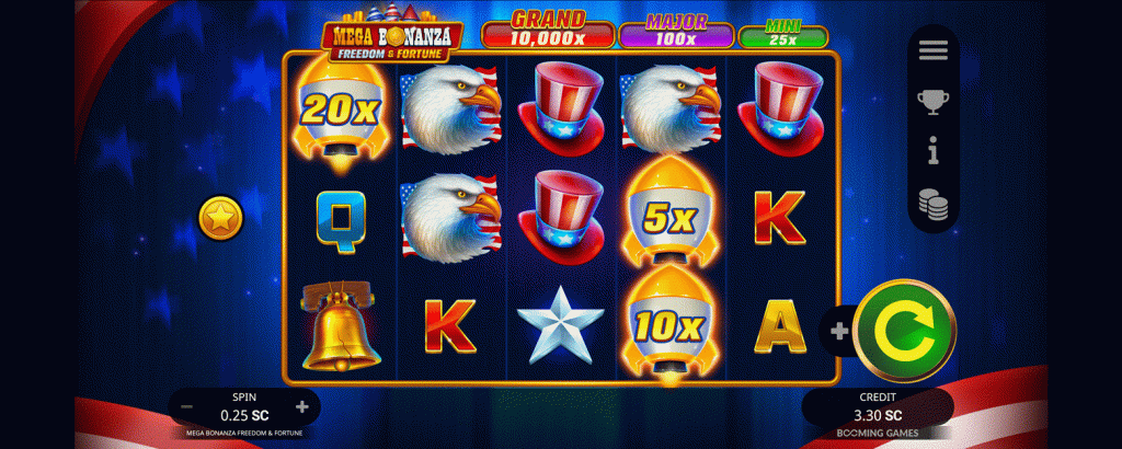 Mega Bonanza Freedom & Fortune slot game featuring American-themed symbols like bald eagles, Uncle Sam hats, golden bells, and multiplier rockets with potential wins up to 10,000x.
