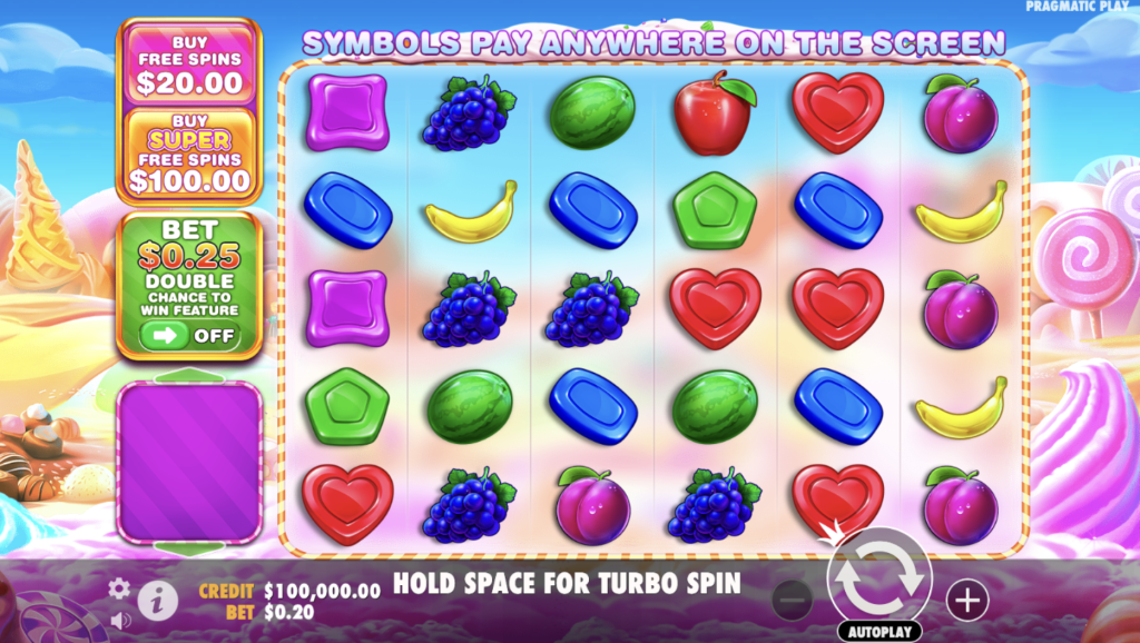 Sweet Bonanza 1000 slot game by Pragmatic Play featuring vibrant fruit and candy symbols, $0.25 bet with double chance option, and a candyland-themed background.