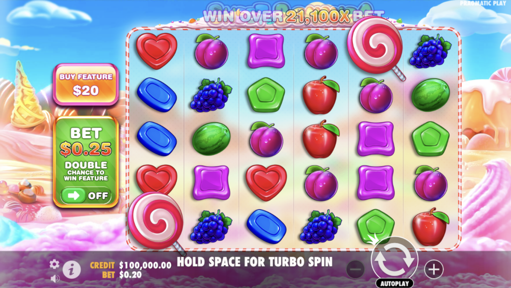 Sweet Bonanza slot game featuring colorful fruit and candy symbols, with a $0.25 bet option, bonus buy for $20, and potential to win over 21,100x your stake on a vibrant candyland-themed background.