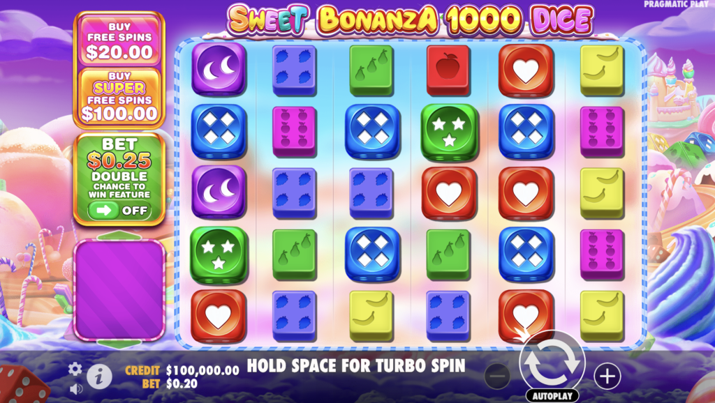 Sweet Bonanza 1000 Dice online slot game with vibrant candy-themed reels, colorful dice symbols, fruit icons, and bonus buy features displayed on a whimsical background.