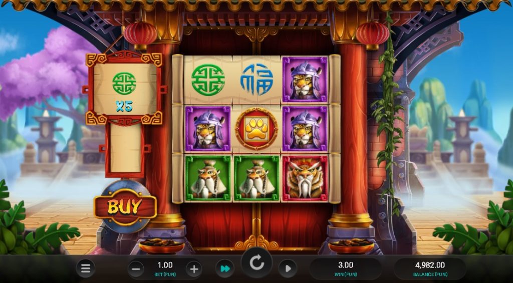 Tiger Kingdom Infinity Reels slot game featuring multiplier bonus, tiger warrior symbols, and Asian temple backdrop with a 3x3 reel layout