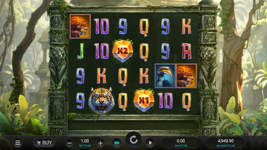 Tiger Shrine slot game with jungle theme, animal symbols, multipliers and ancient stone reels