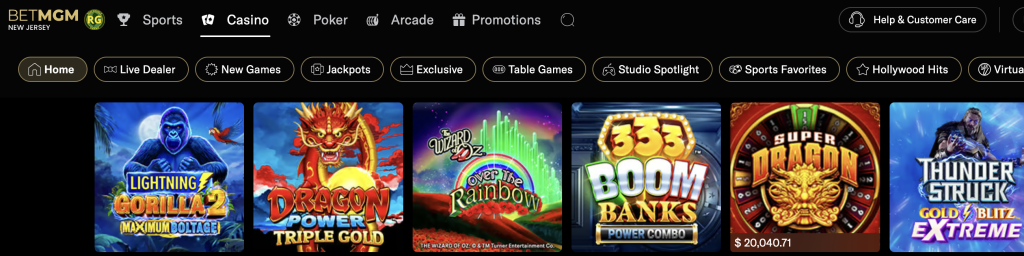 BetMGM Online Casino slot lobby in New Jersey featuring Lightning Gorilla, Dragon Power Triple Gold, and Boom Banks.