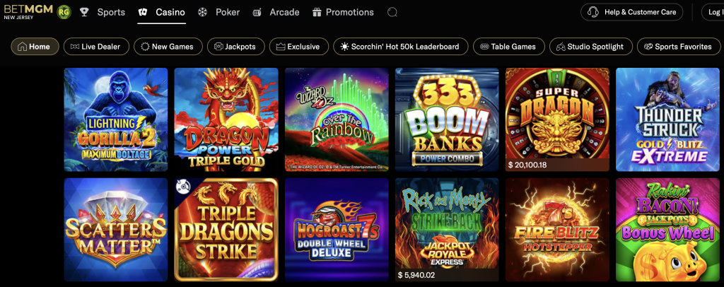 BetMGM Casino slots library featuring popular online slot games like Lightning Gorilla 2 Maximum Voltage, Dragon Power Triple Gold, Wizard of Oz Over the Rainbow, 333 Boom Banks, Super Dragon, Thunderstruck Gold Blitz Extreme, Scatters Matter, Triple Dragons Strike, Hogroast Double Wheel Deluxe, Rick and Morty Strike Back, Fire Blitz Hotstepper, and Rakin’ Bacon Bonus Wheel.
