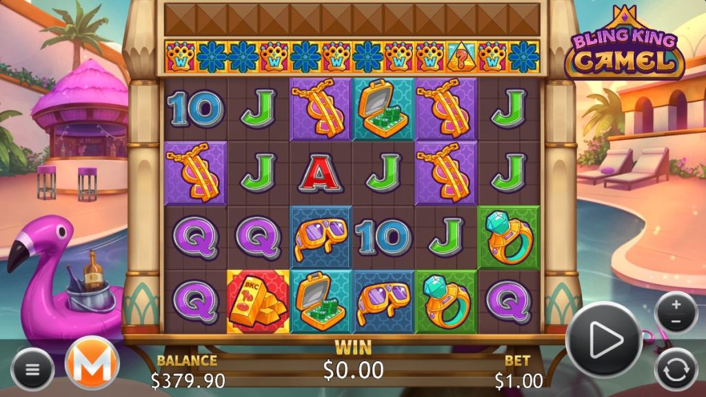 Bling King Camel slot machine with luxury-themed symbols like gold bars, cash, and diamond rings on a desert palace backdrop.