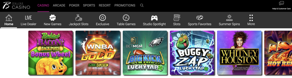 Borgata Online Casino slot lobby featuring games like Rakin’ Bacon Bonus Wheel, WNBA Gold, and Big Kick LuckyTap.