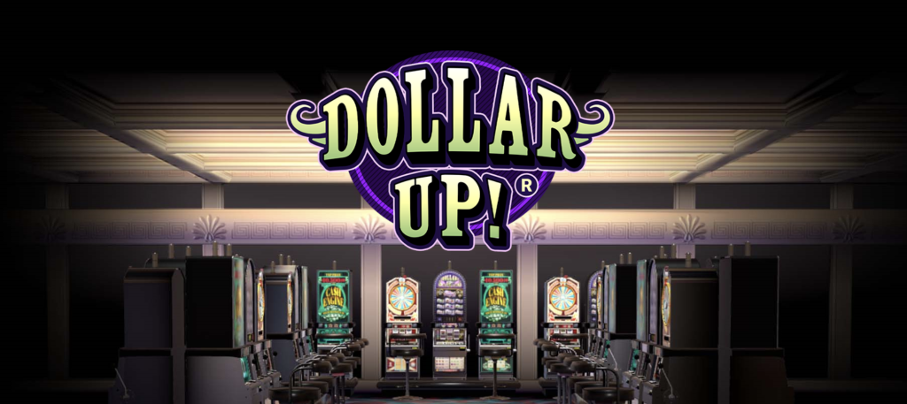 Dollar Up! slot machine logo displayed above a casino floor filled with classic slot machines, capturing the atmosphere of a traditional gaming area.