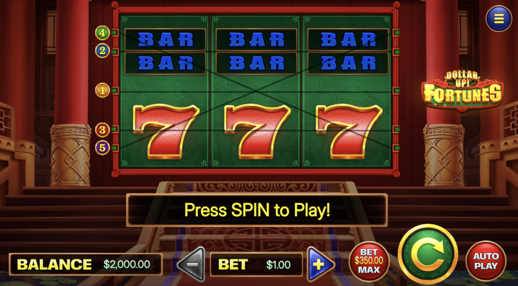 Dollar Up! Fortunes classic slot game featuring BAR symbols and triple red 7s on a traditional 3-reel layout with $1 bet option and max bet of $350.