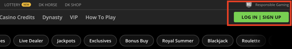 DraftKings Casino login and signup screen with responsible gaming reminder highlighted for safe play.