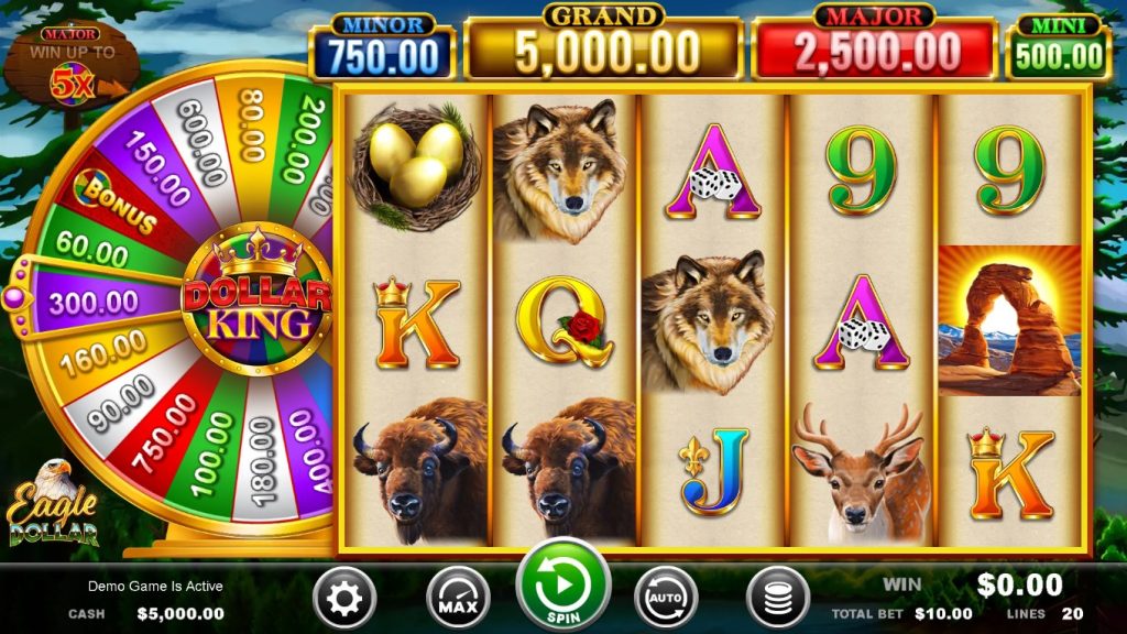 Eagle Dollar Dollar King online slot machine with golden eggs, wolves, and buffalo symbols, and a bonus wheel on the left, showing minor, grand, major, and mini jackpots at the top.