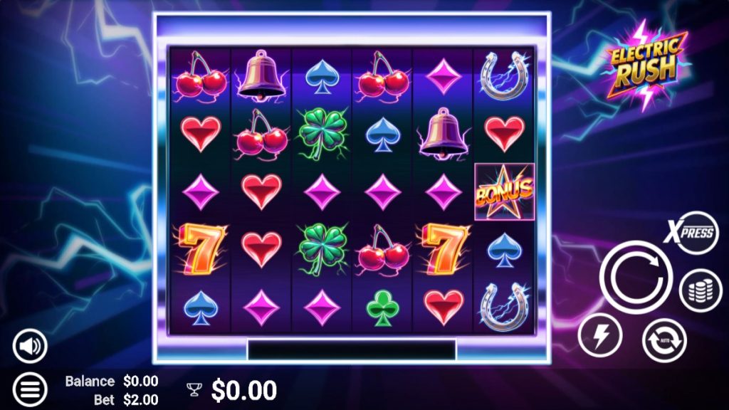 Electric Rush online slot with neon fruit, sevens, and bonus symbols glowing on a futuristic purple and blue reel grid.