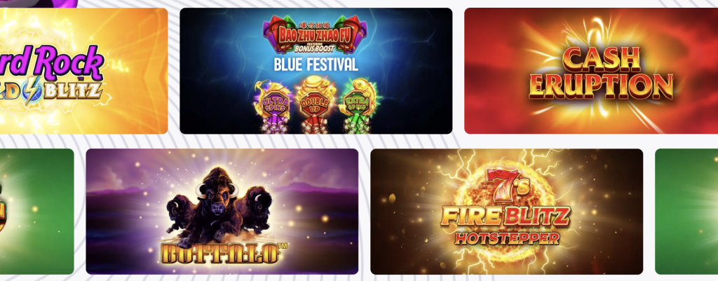 Hard Rock Bet Casino online slot games selection featuring Cash Eruption, Buffalo, Bao Zhu Zhao Fu Blue Festival, and Fire Blitz Hotstepper on the sign-up page.