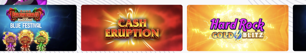 Hard Rock Bet Casino slots selection showcasing Bao Zhu Zhao Fu Blue Festival, Cash Eruption, and Gold Blitz titles.