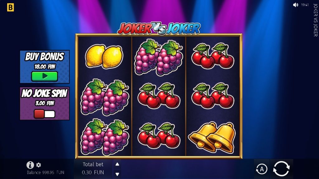 Joker vs Joker slot game featuring classic fruit symbols like cherries, grapes, and lemons with vibrant neon lighting.