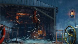 A raptor attacking a player in Jurassic World: Survival.