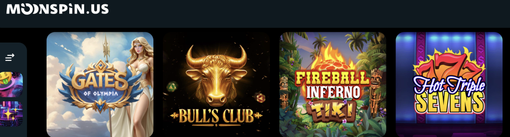 Moonspin Casino slot lobby featuring popular games such as Dice, Crash, Limbo, HiLo, and Wheel of Fortune.