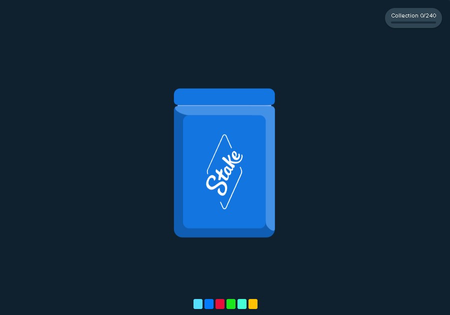 Stake.us packs game interface showing unopened blue pack with Stake logo, part of collectible casino rewards feature.