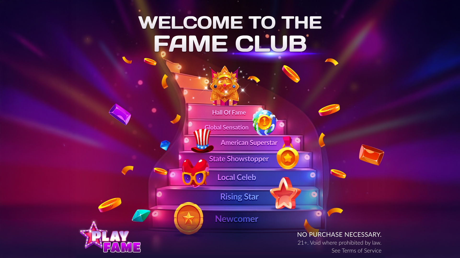 PlayFame Casino Fame Club tier levels with colorful icons and rewards from Newcomer to Hall of Fame.
