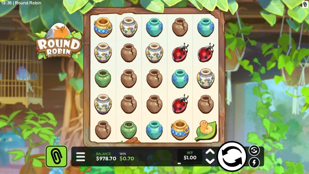 Round Robin online slot game with colorful vases and ladybugs on a 5x5 reel grid, set against a lush garden background.
