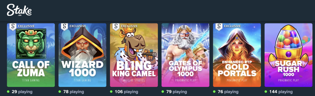 Stake.us casino slot lobby showing games like Gates of Olympus, Sweet Bonanza, Big Bass Bonanza, and Wanted Dead or a Wild.