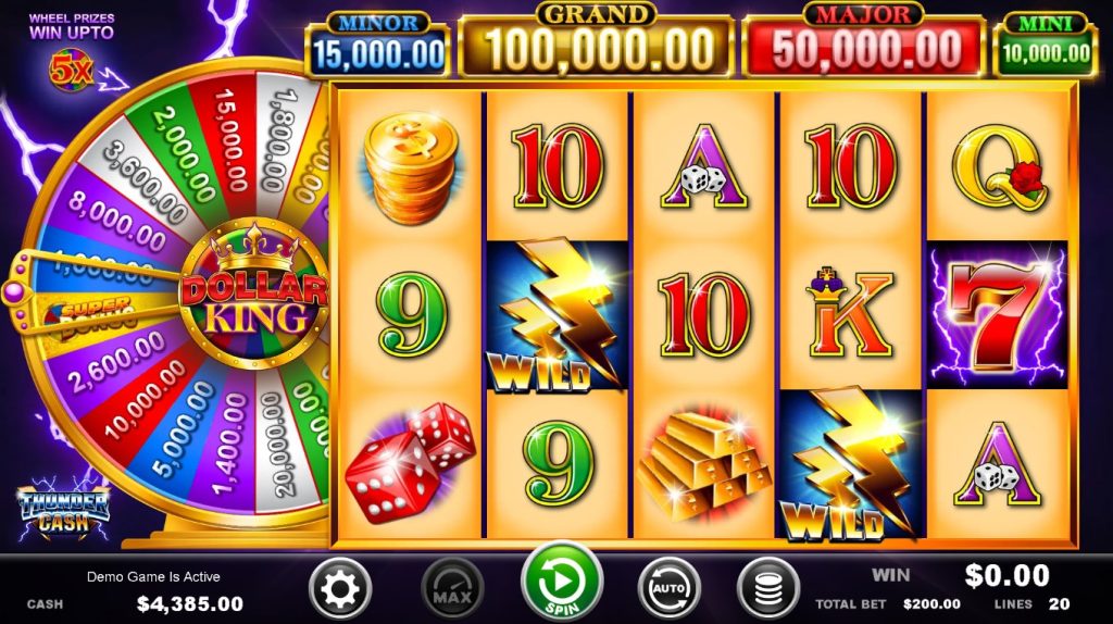 Thunder Cash Dollar King slot machine featuring coins, dice, gold bars, wild lightning symbols, a colorful bonus wheel, and jackpot values including grand, minor, major, and mini at the top.