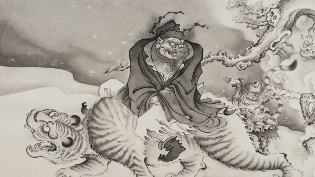 Black and white artwork showing Zhong Kui riding on a tiger.