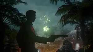 James Bond aiming a gun to the right with a firework going off in the background.
