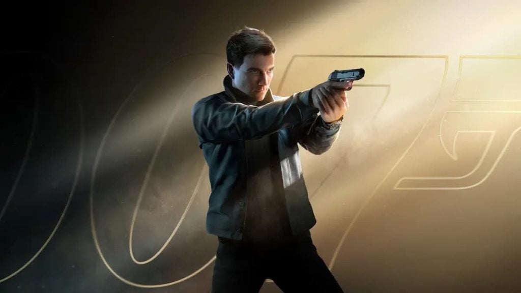 James Bond aiming his gun to the right while standing in front of a big golden 007.