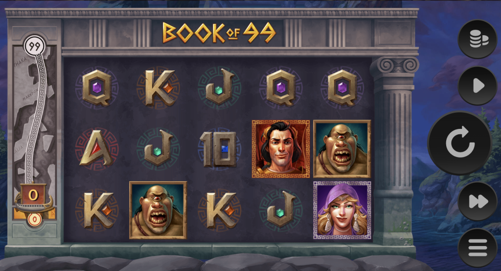 Book of 99 slot game features reels with Greek mythology symbols including warriors, ogres, and a mysterious woman framed by stone columns.