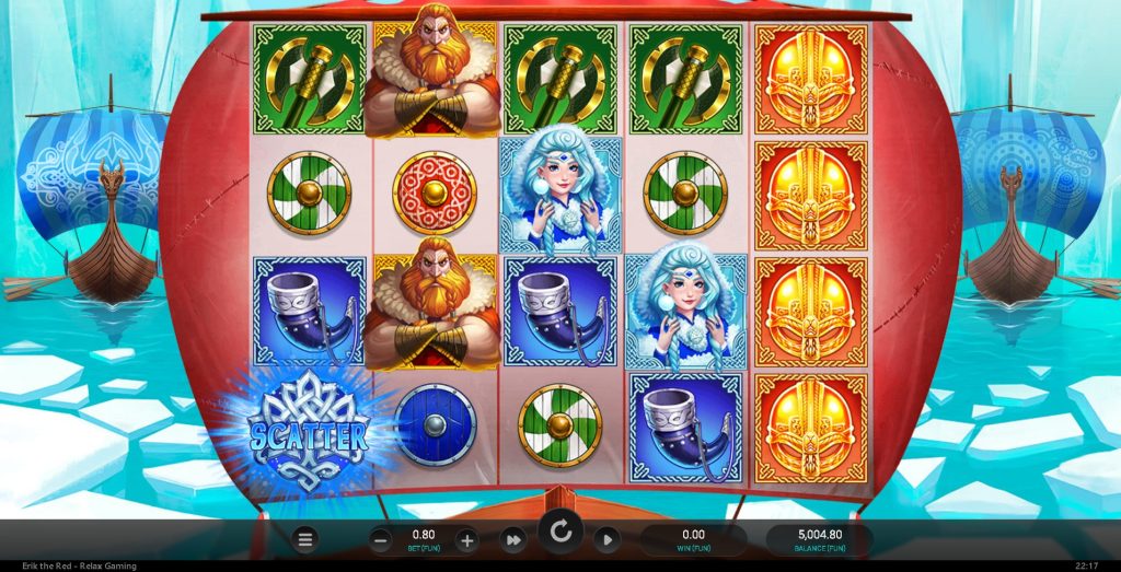 Erik the Red slot on a Viking longship, scatter shields and horn symbols with hero and shieldmaiden on icy reels