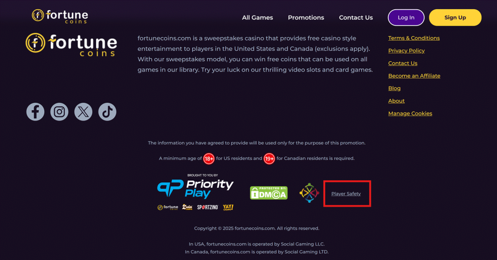 Footer of Fortune Coins sweepstakes casino showing Player Safety link and responsible gaming info