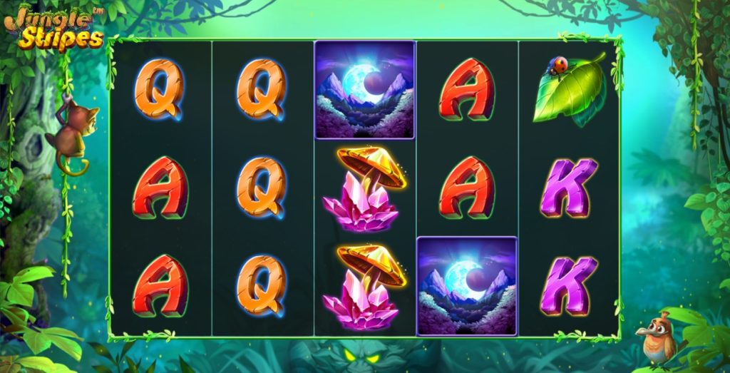 Jungle Stripes slot game reels featuring vibrant jungle-themed symbols like crystals, mushrooms, the moon, and bold letters, with lush greenery and animals surrounding the frame.
