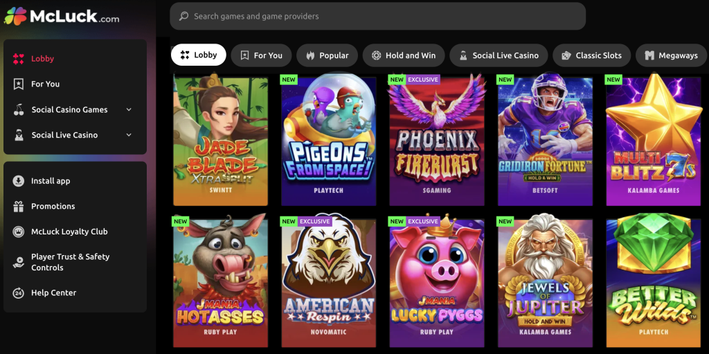 McLuck Casino homepage featuring top social casino slots including Jade Blade XtraSplit, Pigeons From Space, Phoenix Fireburst, Gridiron Fortune Hold & Win, Multi Blitz 7s, J Mania Hotasses, American Respin, Lucky Pygs, Jewels of Jupiter, and Better Wilds. Online social casino lobby with popular, exclusive, and new games.
