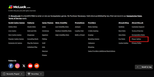 Screenshot of the footer on McLuck