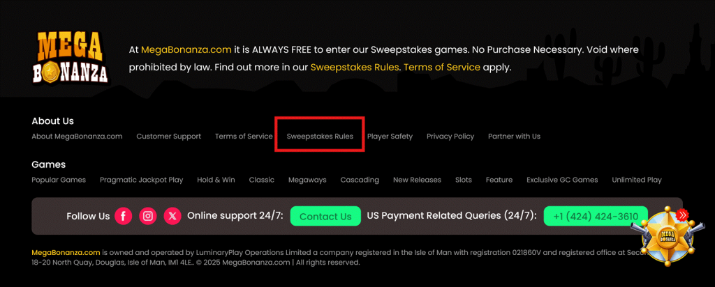 Footer section of MegaBonanza website highlighting the Sweepstakes Rules link for players