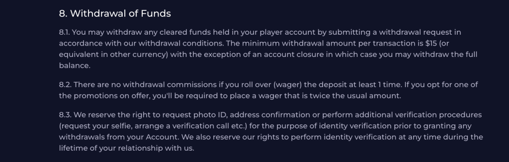 Rainbet Casino withdrawal policy screenshot outlining terms for withdrawing funds, including minimum withdrawal of $15, no commission with wagering requirements, and mandatory identity verification checks.
